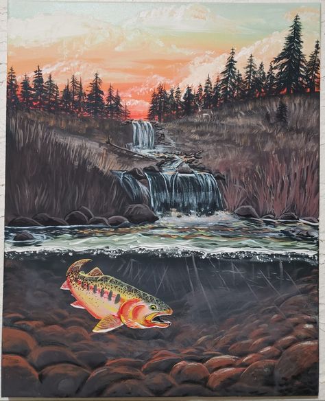 fish painting trout painting Fishing Scenery Drawing, Trout Painting Acrylic, Salmon Painting, Summer Mural, Salmon Drawing, River Paintings, Fishing Artwork, Fishing Painting, Mom Painting