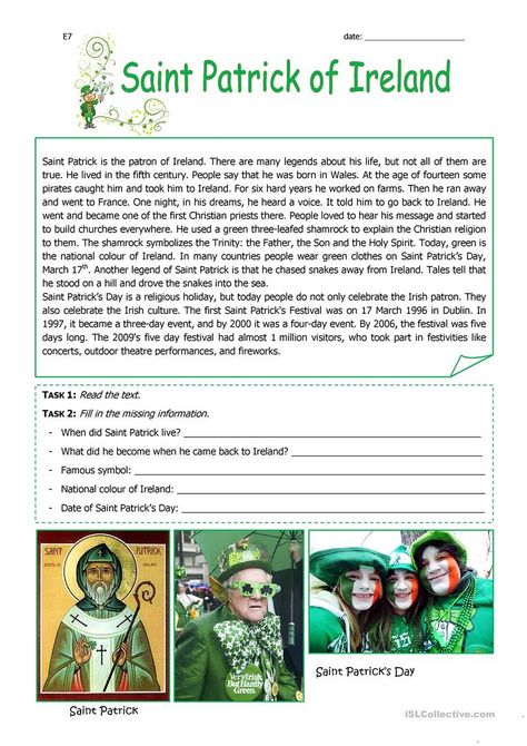 Ireland Facts, Esl Reading, English Ideas, Teaching Esl, Geography For Kids, British Culture, Short Text, St Patrick Day Activities, March Activities