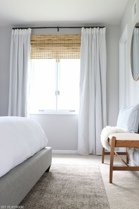 Choose the right window treatments to make your window look bigger and your ceilings appear taller. Such an easy trick with a big impact! Big Window Curtains, Diy Window Treatments, Bedroom Drapes, Diy Playbook, Window Treatments Bedroom, Window Benches, Bamboo Shades, Neutral Bedroom, Perfect Bedroom