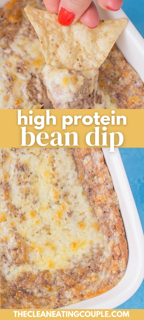 High Protein Bean Dip is the perfect healthy appetizer! Serve it warm or cold - it's a low calorie, high protein snack everyone will love! This clean eating snack is the best - we use homemade black beans but you can use pinto or kidney beans! High Protein Low Calorie Appetizers, The Clean Eating Couple Recipes, Gf Df High Protein Snacks, Hi Protein Snacks Healthy, Bariatric Mexican Recipes, Protein Bean Recipes, Clean Eating Superbowl Food, High Protein Low Calorie Dips, Protein Packed Appetizers