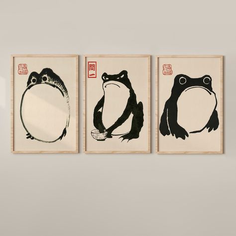 Matsumoto Hoji frogs, Set of 3 prints, Vintage frog wall art prints, Woodblock posters, Asian wall decor, Gallery wall set, Digital prints di theBeagleDiary su Etsy Asian Wall Decor, Matsumoto Hoji, Frog Wall Art, Wall Decor Gallery, Japanese Animals, Vintage Frog, Sumi E, Gallery Wall Set, Japanese Artists