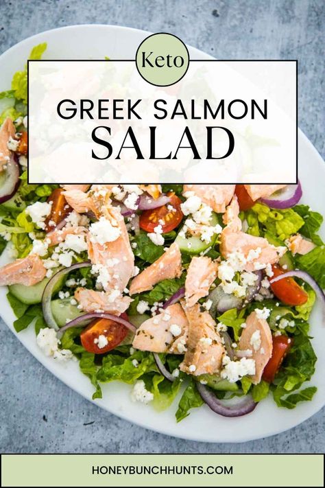 Indulge in Mediterranean flavors with this mouthwatering Greek Salmon Salad! Packed with omega-3s, keto-friendly, and bursting with vibrant veggies, it's a perfect blend of health and taste. Get this low carb recipe and more at Honeybunch Hunts website. Greek Salmon, Veggies Roasted, Seasoned Salmon, Mediterranean Flavors, Greek Dressing, Keto Salad, Healthy Low Carb, Low Carb Recipe, Salmon Seasoning