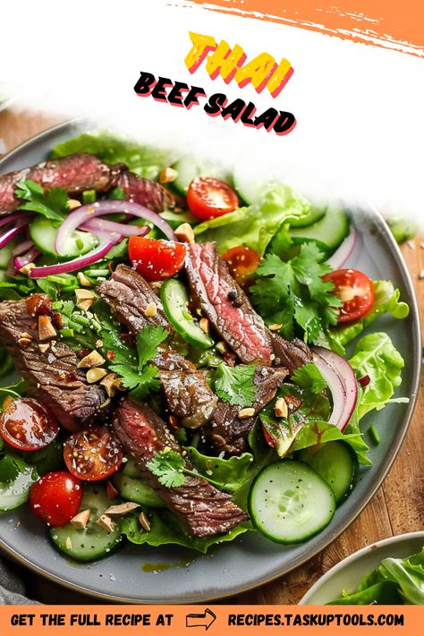 Discover the vibrant flavors of Thailand with this refreshing Thai Beef Salad recipe. Perfect for a light lunch or a dinner appetizer, this dish combines tender strips of grilled beef with a fresh medley of crisp greens, herbs, and a zesty lime dressing. Ideal for those seeking a healthy yet satisfying meal option. Save this pin to explore a perfect balance of spicy, tangy, and savory flavors that will transport your taste buds straight to Southeast Asia. Follow for more authentic culinary experiences and meal inspirations that capture Steak Cobb Salad, Salad Cobb, July Appetizers, Cilantro Vinaigrette, Meal Bowls, Mexican Steak, Thai Beef Salad, Quinoa Pasta, Thai Beef