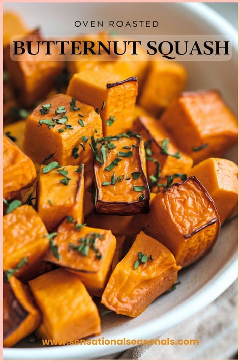 Get ready for the season with this delicious Oven Roasted Butternut Squash! Perfect for Thanksgiving food sides or any fall meal, this recipe has all the cozy flavors you crave. Add it to your list of Thanksgiving recipes side dishes or save it to your go-to butternut squash recipes. This flavorful baked butternut squash is tender, caramelized, and irresistibly good—your guests will love it! Butternut Squash Dressing, Butternut Squash Sauteed, Low Fodmap Butternut Squash Recipes, Honey Nut Squash Recipe, Benefits Of Butternut Squash, Butternut Squash Oven, Butternut Squash Benefits, Oven Roasted Butternut Squash, Best Butternut Squash Soup