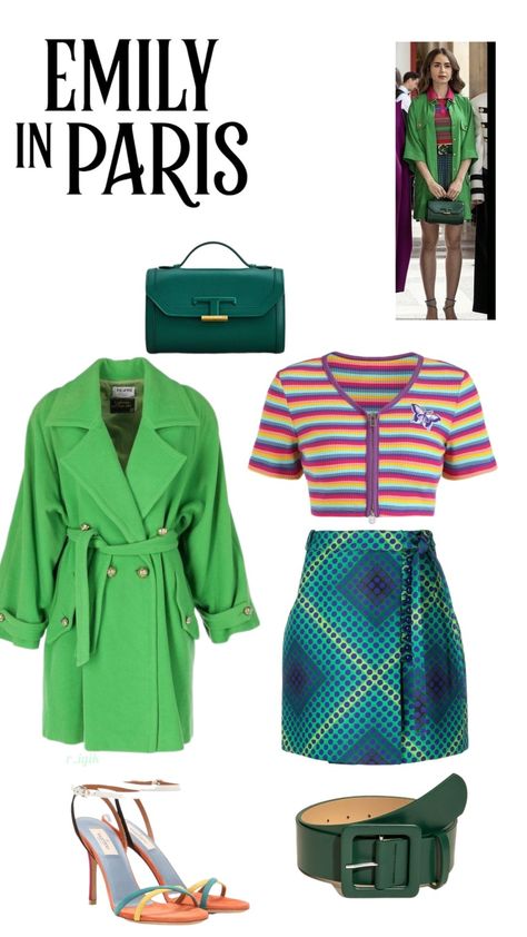 Emily in Paris outfit with green coat, green skirt, green belt, green bag , rainbow top Emily In Paris Outfits Inspiration, Emily En Paris, Emily In Paris Inspired Outfits, Emily Outfits, Emily In Paris Outfits, Paris Green, Rainbow Top, Famous Outfits, Paris Inspired