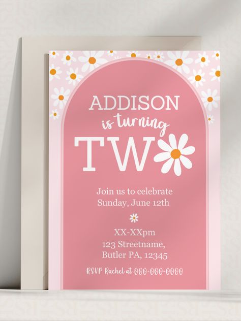 Digital Download Editable Invite | Turning Two | 2nd birthday Flower pink theme idea Daisy Theme 2nd Birthday, Daisy Two Year Old Birthday, Two Groovy Birthday Invitation, 2 Groovy Birthday Invitations, Daisy Invitations Birthday Two, Pink Flowers Invitation, Daisy Invitations, Girl Birthday Themes, Girl Themes