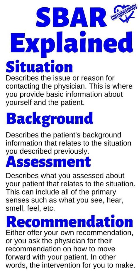 #caregiverology #sbar #medical #healthcare #situationbackgroundassessmentrecommendation #situation #background #assessment #recommendation #patientinfo #patientdata #documentation #medicalacronym #medicalmnemonic #shiftreport #hospital #sbarexplained Skills Fair Nursing Home, Medication Technician, Sbar Nursing, Medical Learning, Nursing Ideas, Employee Engagement Activities, Nurse Notes, Nursing Study Tips, Nurse Tips