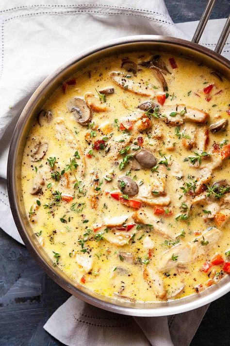 Creamy Mushroom Chicken Pasta with Red Pepper | Foodtasia Cajun Chicken Thighs, Pasta Mushroom, Chicken Mushroom Pasta, Creamy Mushroom Chicken, Mushroom Recipes Pasta, Tuscan Chicken Pasta, Chicken Mushrooms, Red Pepper Pasta, Pasta Easy