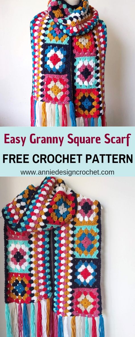 Crochet Granny Square Scarf – Easy Free Pattern – Annie Design Crochet Crochet Granny Square Scarf, Easy Crochet Granny Square, Granny Square Poncho, Crocheted Clothes, Granny Square Scarf, Retro Crochet, Small Patterns, Sunburst Granny Square, Granny Square Projects