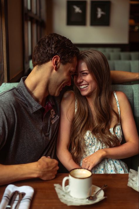 Couple photoshoot ideas in coffee shop Cafe Couple Pictures, Coffee Shop Engagement Photoshoot, Couple In Cafe Aesthetic, Coffee Shop Couple Photoshoot, Couple Coffee Date Aesthetic, Coffee Shop Engagement Photos, Coffee Date Photoshoot, Coffeeshop Photoshoot, Coffee Shop Couple