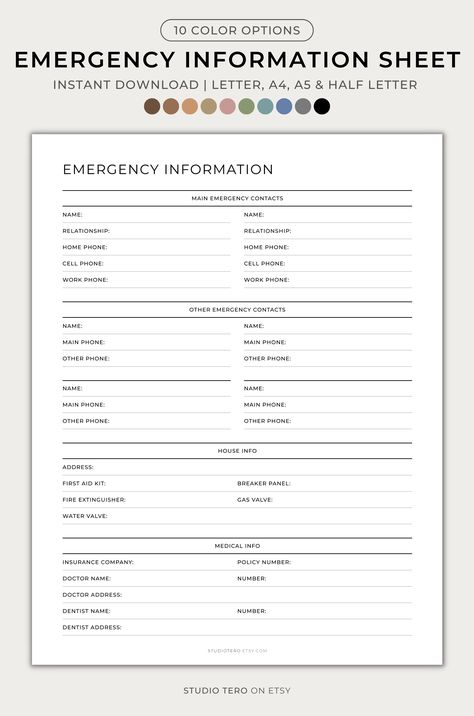 Emergency Information Sheet, Emergency Binder, Emergency Prepardness, Doctor Names, Emergency Contact, Home Management, Home Phone, Medical Information, First Aid Kit