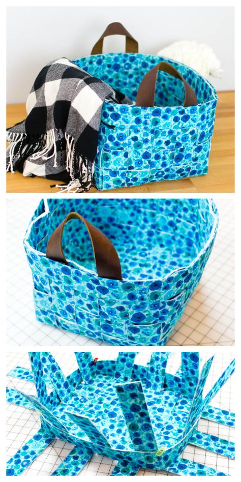 Fun Woven Basket Free Sewing Pattern | Fabric Art DIY Diy Woven Basket, Free Sewing Patterns For Beginners, Sewing Patterns For Beginners, Sewing Projects Free, Basket Organizer, Fabric Sewing Patterns, Free Sewing Patterns, Fabric Basket, Sewing Tutorials Free