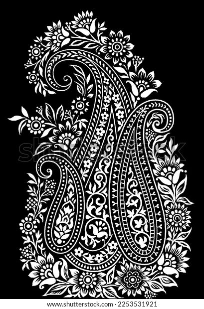 Paisley Black And White, Paisley Block Print, Paisley Pattern Drawing, Traditional Motifs Design, Black And White Motifs, Paisley Drawing, Paisley Print Design, Monochromatic Art, Paisley Motifs