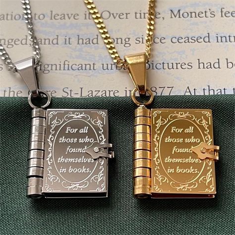 Material: Titanium Steel Color: Gold Book Necklace, Steel Book Necklace Fashion Element: English Letters Style: Retro Book Accessories Products, Book Things To Buy, Statement Sweaters, Book Charm Bracelet, Gifts Book Lovers, Letters Style, Book Pendant, Book English, Book Necklace