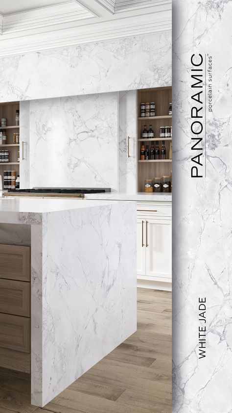 Discover the beauty of marble with the durability and ease of porcelain. Porcelain Countertops, Kitchen Design Countertops, Luxury Kitchen Design, White Jade, Interior Floor, Luxury Kitchen, Marble Countertops, Shower Floor, Kitchen Countertops