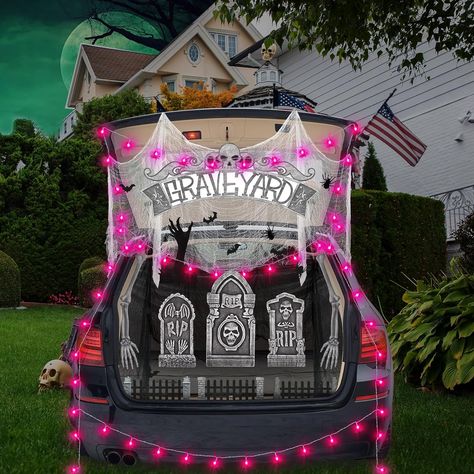 Graveyard theme trunk or treat decorations with lights #trunkortreat #halloween #spooky #graveyard #decorations #halloweendecor #trickortreat Cemetary Trunk Or Treat Ideas, Graveyard Trunk Or Treat Ideas For Cars, Grave Yard Trunk Or Treat, Monster High Trunk Or Treat, Graveyard Trunk Or Treat Ideas, Graveyard Trunk Or Treat, Spooky Graveyard Decorations, Graveyard Decorations, Halloween Fence