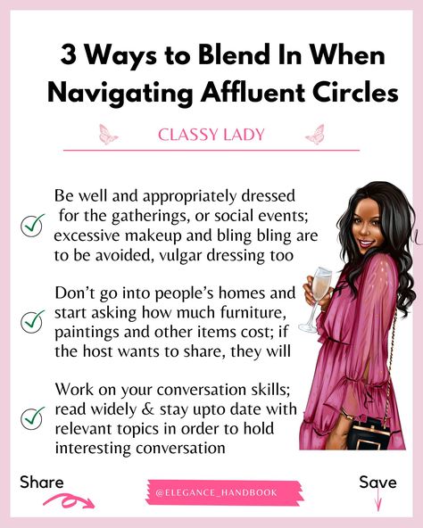 As an ambitious woman, you will eventually find yourself in more affluent circles than those you grew up in; it is a natural progression for all your hard work and networking. So, how do you maintain your social confidence while you build your social capital? How do you blend in without pretension, and stand out to potential partners, business or otherwise? This post touches lightly on how to blend in positively. Keen on knowing how to navigate affluent circles? Get the Level Up Handbook a... How To Develop Feminine Energy, How To Channel Feminine Energy, Feminine Energy In Business, Elegant Woman Affirmations, How To Unlock Dark Feminine Energy, Social Confidence, Baddie Advice, Energy Aesthetic, How To Be Rich