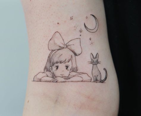 Kat (@katkat.ink) • Instagram photos and videos Kiki Tattoo, Kiki's Delivery Service Tattoo, Tatuaje Studio Ghibli, Studio Ghibli Tattoo, Ghibli Tattoo, Book Tattoo, Tattoo Outline, Simplistic Tattoos, Anime Tattoos