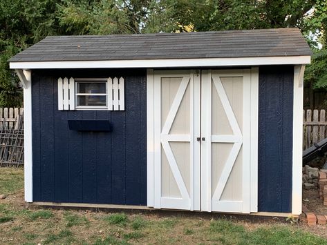 Sherwin Williams Anchors Aweigh Exterior, Outdoor Shed Paint Colors, Anchors Aweigh Sherwin Williams, Navy Exterior, Blue Shed, Coastal Cabin, Blue Siding, Painted Shed, Sherwin Williams Paint