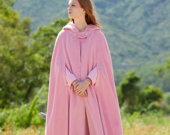 Maxi Hooded Wool Coat Cloak 100% Cashmere Maxi Cashmere | Etsy Pink Cloak, Capes Fashion, Wizard Fashion, Trench Cape, Winter Cloak, Cape With Hood, Pink Cape, Hooded Wool Coat, Cashmere Cape