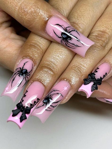 Hot Pink Spooky Nails, Hot Pink Goth Nails, Halloween Barbie Nails, Pink Nails With Black French Tip, Spider On Nails, Black Nails With Pink Design, Spooky Pink Nails, Halloween Nails Pink And Black, Fall Spooky Nails