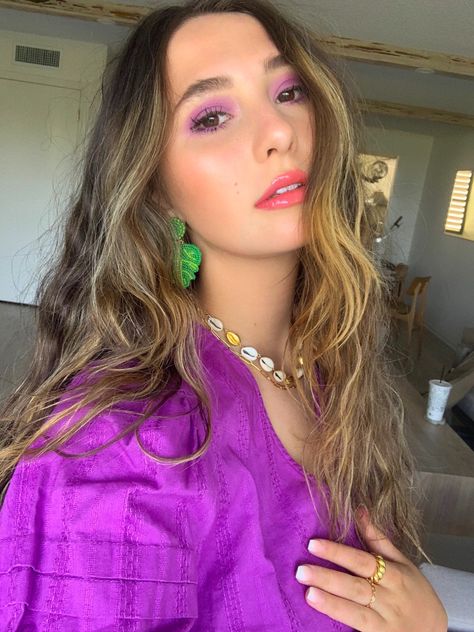 Purple dress, Green Statement earrings, Neutral Ombre Nails, Purple Makeup, Beach Waves Hairstyle Purple Drop Earrings For Festival, Makeup With Purple Dress, Purple Drop Earrings For Beach, Purple Drop Earrings With Colorful Beads, Purple And Green Earrings, Purple Glass Dangle Earrings, Green Statement Earrings, Earrings Outfit, Beach Wave Hair