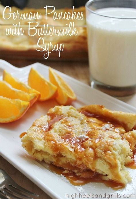 German Pancakes with Buttermilk Syrup | High Heels and Grills. These are my favorite pancakes of all time! And the syrup is to die for. Pancakes With Buttermilk, Pancakes Syrup, Microwave Lemon Curd, Buttermilk Syrup, German Pancakes, Sweet Cornbread, What's For Breakfast, Buttermilk Pancakes, Best Breakfast Recipes