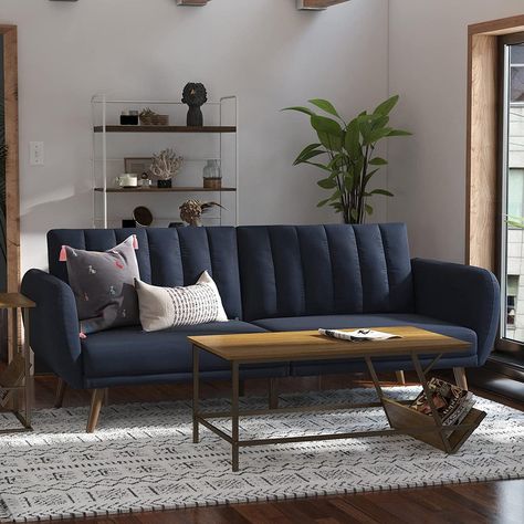 A Stylish Futon: Novogratz Brittany Sofa Futon Blue Futon, Sofa Futon, Sofa Bed Wooden, Cool Couches, Futon Sofa Bed, Futon Bed, Comfy Couch, Flex Room, Linen Sofa