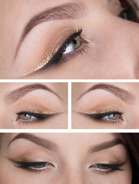 Black And Gold Eyeliner, Gold Graphic Liner, Make Up Gold Eyes, Gold Eyeliner Makeup, Gold Eyeliner Looks, Black And Gold Eye Makeup, Gold Eye Liner, Gold And Black Makeup, Angel Wings Eyeliner