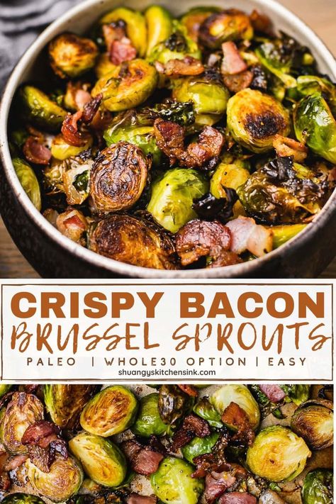 These crispy oven roasted Brussels sprouts with bacon are so delicious and flavorful! Perfect as a healthy side dish for Thanksgiving and Christmas, but also any time of the year. They are incredibly easy to make and will be ready in under 20 minutes. This healthy recipe is paleo and whole30 compliant. Everyone will love this delicious and healthy recipe! Try it today. #thanksgiving #brusselsprouts #bacon #whole30 #paleo #lowcarb #glutenfree #healthyrecipe Maple Bacon Brussel Sprouts, Roasted Brussel Sprouts Oven, Baked Brussel Sprouts, Bacon Brussels Sprouts, Cooking Brussel Sprouts, Crispy Brussel Sprouts, Roasted Sprouts, Christmas Side, Bacon Brussel Sprouts