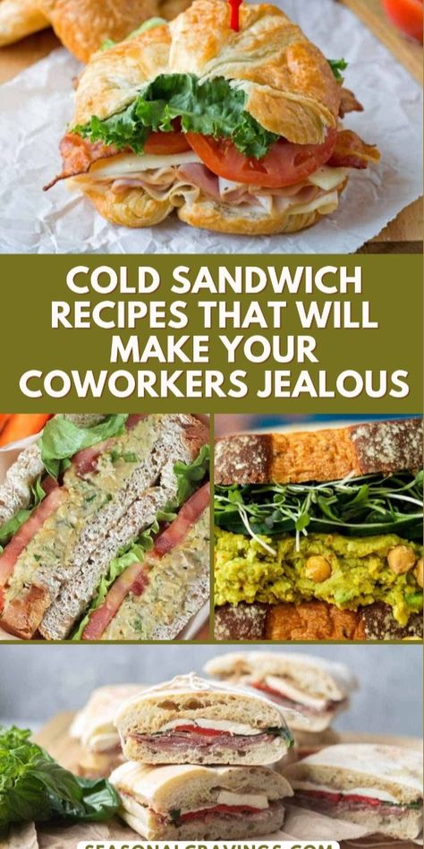 Looking to shake up your lunch routine? Say goodbye to boring sandwiches and hello to a world of deliciousness with our collection of cold sandwich recipes! Whether you're packing a lunch for work or planning a picnic in the park, these sandwiches are sure to hit the spot. From classic combos like turkey and Swiss to inventive twists like avocado and hummus, there's something for everyone in this lineup. Sandwiches don't have to be boring. Let's spice things up this week. Packed Lunch Sandwiches, Hummus Sandwich Recipes, Avocado And Hummus, Packing A Lunch, Lunch Sandwich Recipes, Cold Sandwich Recipes, Lunch For Work, Turkey Sandwiches Recipes, Chicken Salad Recipe Easy