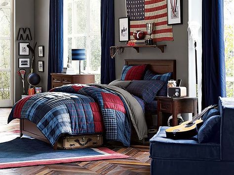 I love the PBteen Hampton Plaid Bedroom on pbteen.com Dark Gray Wall with navy and Red accents. Love the flag! Guys Bedroom Ideas, Plaid Bedroom, Casa Disney, Teenager Bedroom Boy, Teenage Boy Room, Boys Bedroom Furniture, Teen Boy Bedroom, Mens Bedroom