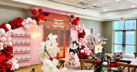 Mulan 1st birthday party | CatchMyParty.com Mulan Birthday Decoration, Mulan Birthday Party, Asian Party, Beautiful Tree Houses, Party Items, Mulan, 5th Birthday, Catch My Party, 1st Birthday Parties