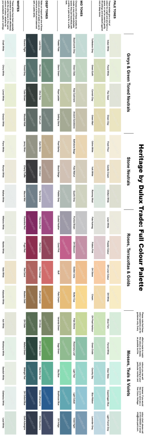 Dulux Heritage colour chart - full range of 112 colours. Deluxe Heritage Colours, Dulux Heritage Paint Colours, Delux Paint Colours, Georgian Colour Palette, Dulux Masonry Paint Colours, Davies Paint Color Chart Philippines, Plascon Paint Colours Interiors, Heritage Colour Palette, Colour Chart Paint