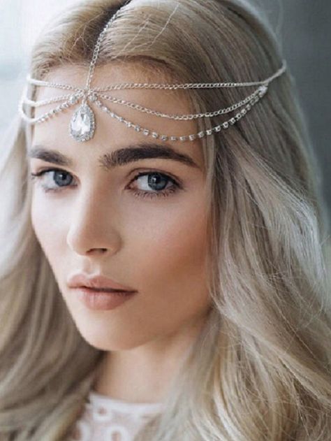 Silver  Collar  Iron Alloy   Embellished   Women Accessories Hair Chain Wedding, Head Chain Jewelry, Bridal Hair Bands, Chain Headpiece, Rhinestone Headpiece, Silver Head Piece, Hair Chains, Hair Accessories Set, Cheap Hair Products