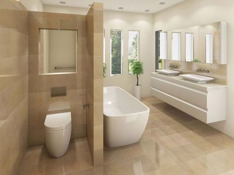 Bathroom Classic Luxury, Travertine Bathroom, Large Tub, Concealed Cistern, Wall Hung Toilet, Wall Mounted Toilet, Bathroom Doors, Home Decorating Ideas, Family Bathroom