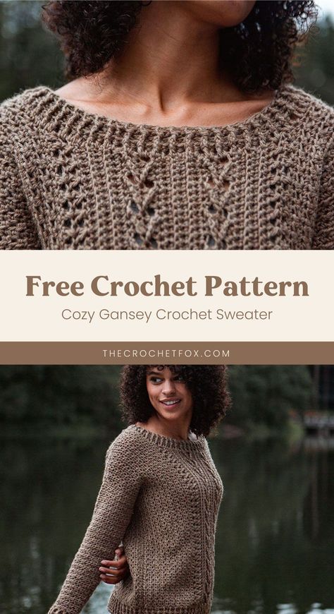 Stay warm and stylish this fall and winter season by making this cozy textured knit sweater. This easy crochet pattern features a variety of stitches and is worked sideways, back and front separately. This stunning piece makes for a heartfelt handmade DIY gift for friends and family.| More free crochet patterns at thecrochetfox.com Crochet Top Outfit Winter, Sweater Dress Knitting Pattern Free, One Piece Crochet Sweater, Crochet Garments Free Patterns, Unisex Crochet Sweater, Crochet Sweater Stitches, Crochet Striped Sweater Pattern Free, Free Pattern Crochet Sweater, Crochet Womens Clothes