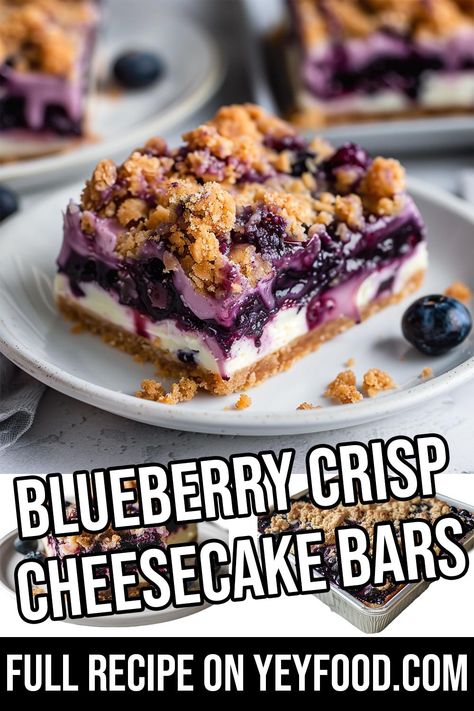 Blueberry Crisp Cheesecake Bars - Yeyfood.com: Recipes, cooking tips, and kitchen hacks for home cooks of all levels Blueberry Crisp Cheesecake Bars, Easy Blueberry Cheesecake Bars, Blueberry Yum Yum Dessert, Blueberry Squares Recipes, Blueberry Brownie Cheesecake, Dessert Recipes With Frozen Blueberries, Blueberry Cheesecake Bars Recipes, Frozen Blueberry Dessert Recipes, Blueberry Cheesecake Squares