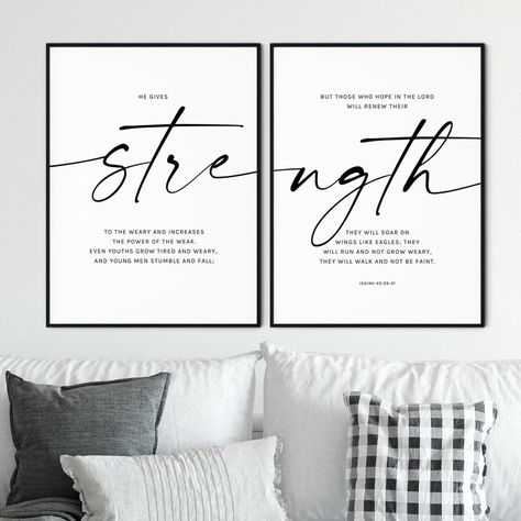 Strength Scripture, Scriptures About Strength, Crafting Quotes, Watercolor Bible, Workout Room, Wall Art Set Of 2, Scripture Print, Verse Wall Art, Christian Decor