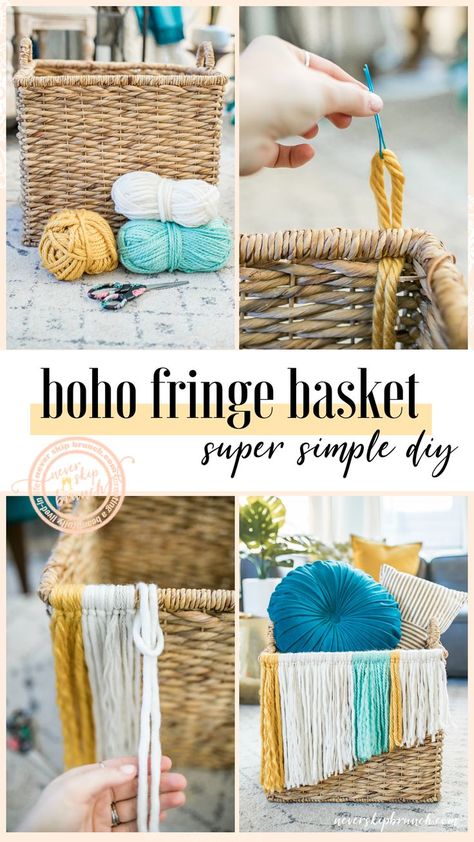 ADORABLE! And SUPER easy!! fringe basket diy | Boho Fringe basket | how to make a fringe basket diy | tassel basket diy | diy boho decor | boho baskets | boho basket DIY » Never Skip Brunch by Cara Newhart #brunch #DIY #boho #decor Easy Fringe, Brunch Diy, Boho Baskets, Chandelier Diy, Tassels Tutorials, Boho Basket, Basket Diy, Boho Crafts Diy, Diy Boho Decor