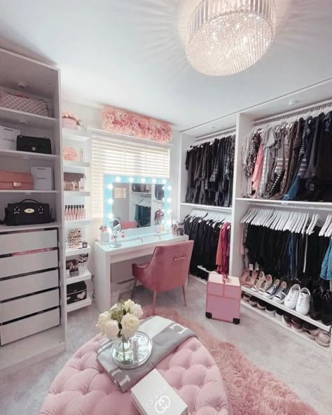 Pink Footstool, Designer Closets, Bedroom Turned Closet, First Home Purchase, Blush Pink Chair, Dream Closet Design, Home Purchase, Beauty Room Decor, Wardrobe Room