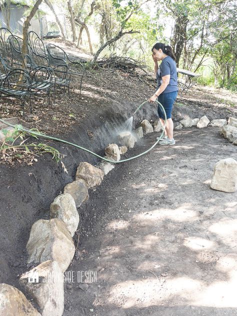 How to Build a Simple Stone Retaining Wall for Free | Sunny Side Design Retaining Wall Pond Ideas, Build Rock Wall, Sloped Lot Landscaping, Steps With Retaining Wall Blocks, How To Build A Rock Retaining Wall, Rock Wall Retaining Walls, Stone Wall Diy Outdoor, Waterfall Retaining Wall, How To Build Rock Walls