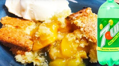 How To Make 7-UP Cobbler Cake | DIY Joy Projects and Crafts Ideas Cake Mix Fruit Cobbler, Peach Cobbler With Spice Cake Mix Easy, Fruit Cobbler With Cake Mix Easy Recipes, 7 Up Cobbler, Peach Cobbler With Cake Mix 7up, Peach Cobbler Dump Cake Dutch Oven, Apricot Cobbler, 7up Cake, Cobbler Cake