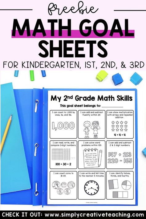 Are you struggling with how to set and track math goals in early elementary? Try out these FREE printable math goal sheets! These sheets make it easy to teach goal setting for students and include grade level math skills. They come in versions for kindergarten, 1st grade, 2nd grade, and 3rd grade. Use them for goal setting meetings, parent conferences, homework folders, and more! Plus, get 8 teaching tips to make the most of these super simple math goal sheets. Read more here! Homework Folders, Goal Sheets, Parent Conferences, Math Folders, Goal Setting For Students, Homework Folder, Goals Sheet, Math Assessment, Daily Math