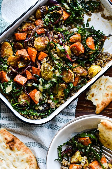 Warm Winter Salad, Warm Kale Salad, Warm Salad Recipes, Lentil Salad Recipes, French Green Lentils, Salad For Dinner, Roasted Sprouts, Kale Salad Recipes, Warm Salad