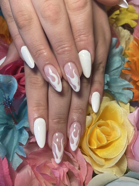 White Flames Nails, White French Tip Flame Nails, White Flame Nails, White Flame Nails Almond, Almond Nails Designs White, Pink Flame Nails Almond, White Nails With Designs Almond, Black Nails White Flames, Pink Flame Nails