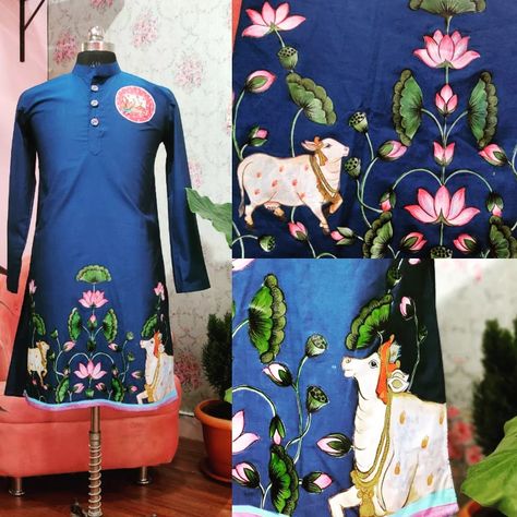 Blue men's kurta painted in Pichwai hand painted kurta Handpainted Mens Kurta, Mens Hand Painted Kurta, Pichwai Kurta Men, Painting Kurta For Men, Painted Kurta For Men, Fabric Painting On Kurta For Men, Painting On Kurta For Men, Hand Painted Kurta For Men, Kurta Painting Design For Man