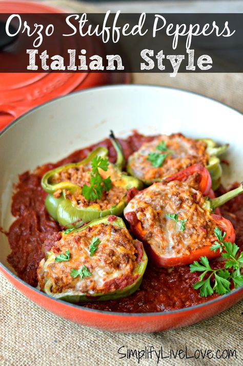 Italian Stuffed Peppers with Orzo and Ragu Homestyle Sauce Orzo Stuffed Peppers, Italian Stuffed Peppers, Pepper Casserole, Beef Entrees, Stuffed Pepper Casserole, How To Cook Orzo, Stuffed Pepper, Sheet Pan Recipes, Healthy Delicious