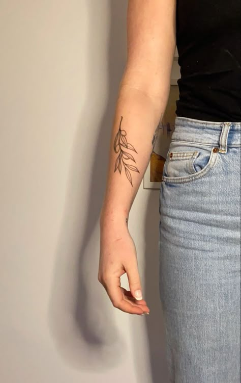 Olive Branch And Lemon Tattoo, Plant Forearm Tattoos For Women, Simple Greece Tattoo, Olive Branch Line Tattoo, Branch Forearm Tattoo, Olive Branch Tattoo Forearm, Forearm Plant Tattoo, Olive Vine Tattoo, Olive Leaves Tattoo Design