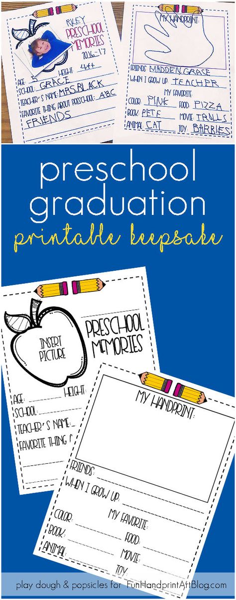 Preschool Graduation Printable Keepsake: Interview, School Picture & Handprint to remember all the details of your favorite preschooler! Pre School Graduation, Preschool Memory Book, Vpk Graduation, Preschool Graduation Party, Preschool Pictures, Graduation Printables, Pre K Graduation, Graduation Crafts, Normal School